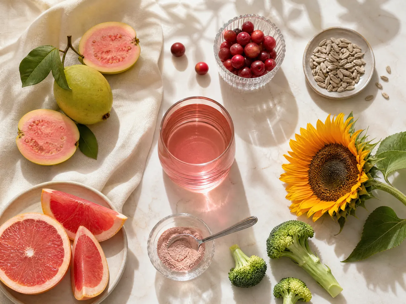 Guayabas, pomelo rosado, camu camu, semillas y flor de girasol, brócoli y un vaso de bebida rosada sobre mármol